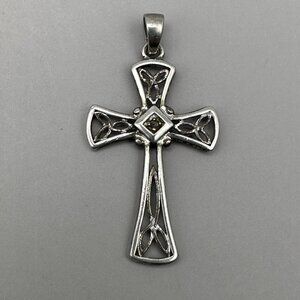 Center Diamond Celtic Trinity Knot Cross Pendant Signed RJ Sterling Silver 925
